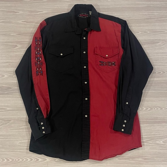 Vintage MWG Western Aztec Shirt Button Up Pearl Snaps Red Black Mens Size Medium - Picture 1 of 5
